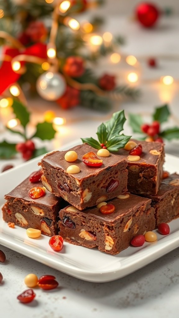 Festive Christmas Baking Squares Recipe A plate of chocolate baking squares with nuts and dried fruits, decorated for Christmas.